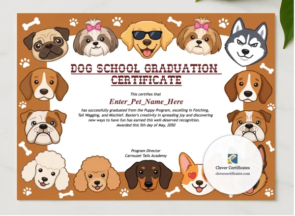 Dog School Graduation Certificate presented in a sleek wooden frame, elegantly arranged on a stylish table.
