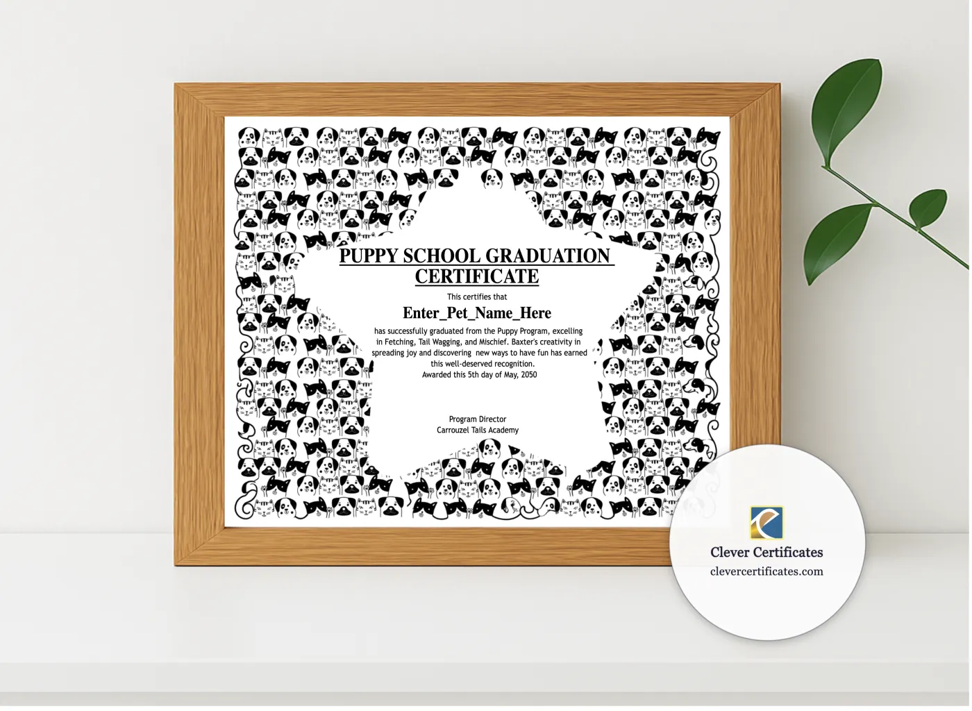 Realistic mockup featuring Puppy School Graduation Certificate displayed within a modern frame, set against a minimalistic background.