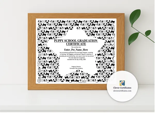 Realistic mockup featuring Puppy School Graduation Certificate displayed within a modern frame, set against a minimalistic background.
