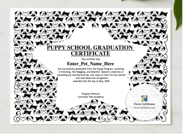 Puppy School Graduation Certificate presented in a sleek wooden frame, elegantly arranged on a stylish table.