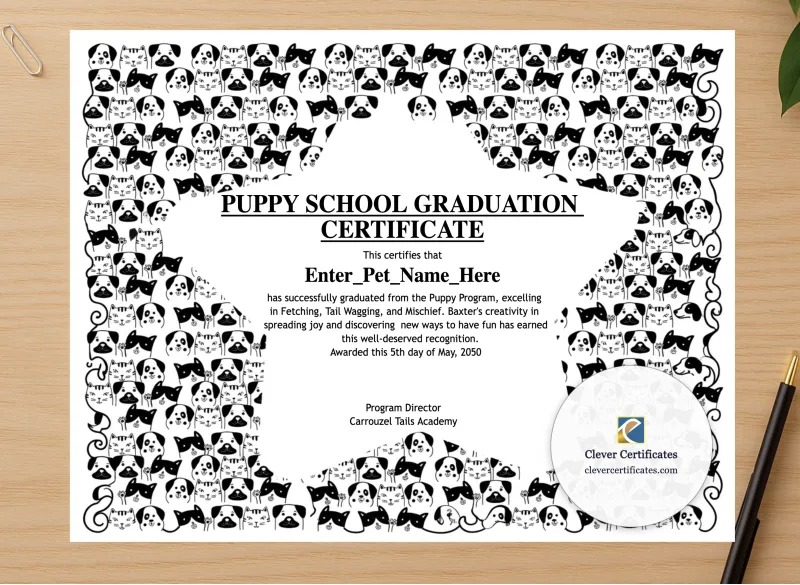 Professional preview of Puppy School Graduation Certificate certificate on high-quality stationery paper, ideal for showcasing the final look.