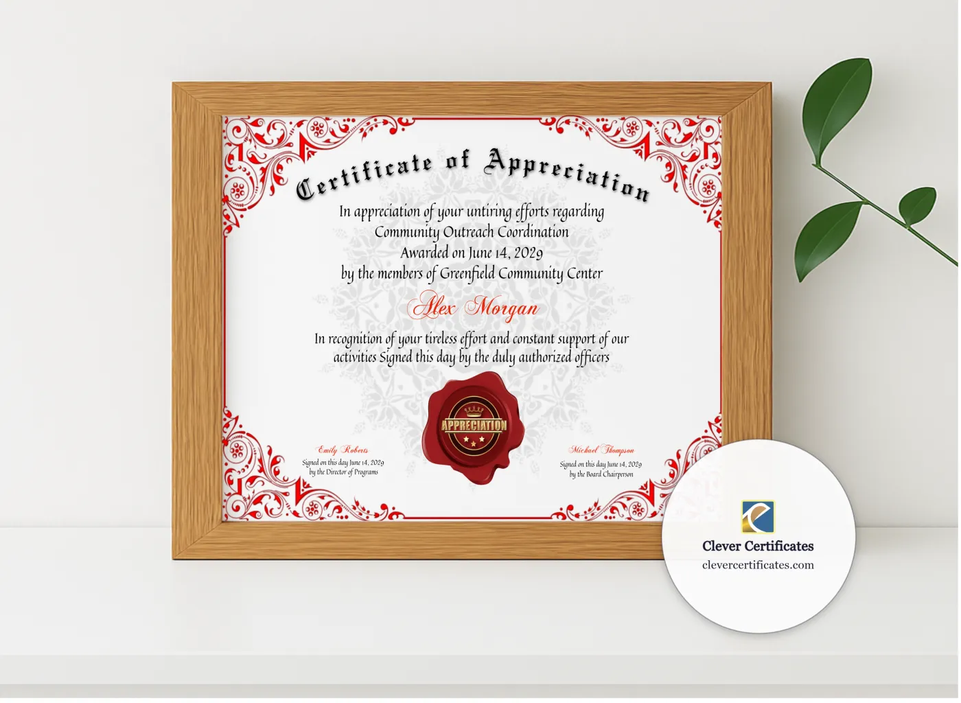 Realistic mockup featuring Certificate Of Appreciation 2 displayed within a modern frame, set against a minimalistic background.