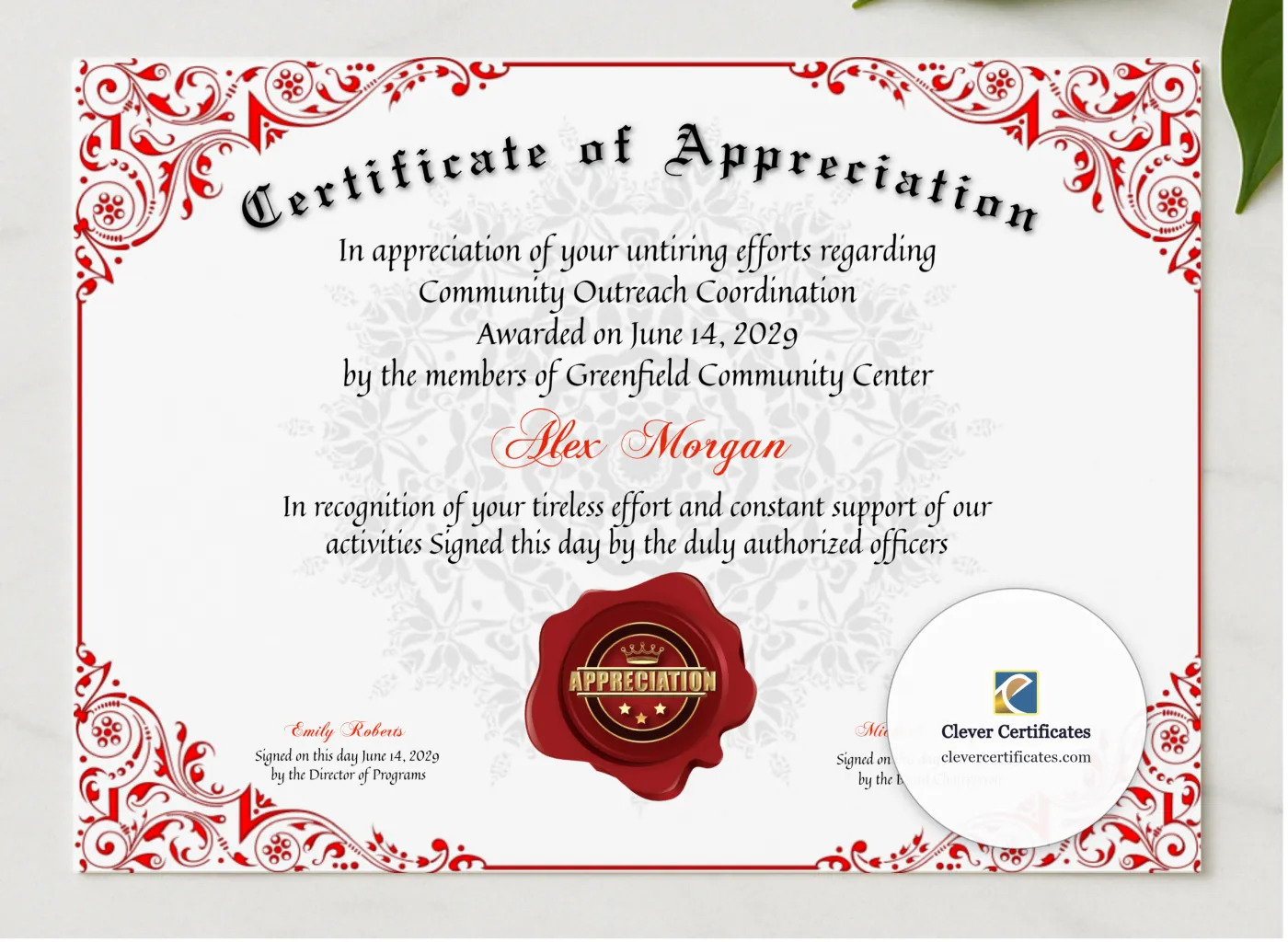 Certificate Of Appreciation 2 presented in a sleek wooden frame, elegantly arranged on a stylish table.