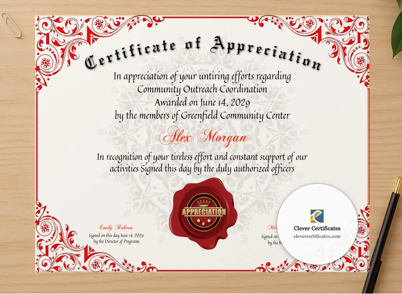 Professional preview of Certificate Of Appreciation 2 certificate on high-quality stationery paper, ideal for showcasing the final look.