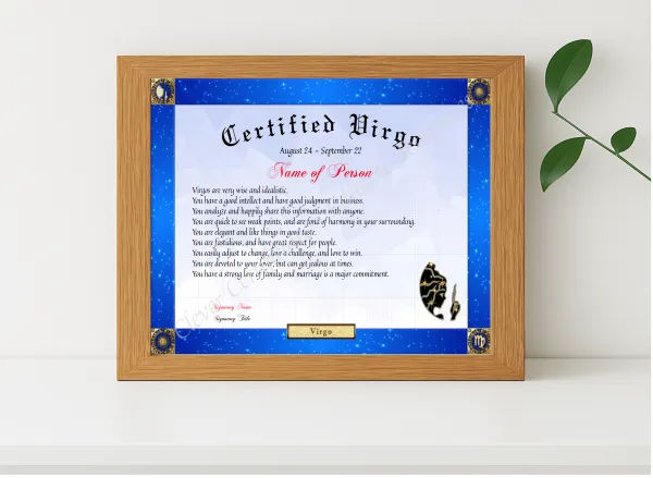 Realistic mockup featuring Certified Virgo Award displayed within a modern frame, set against a minimalistic background.