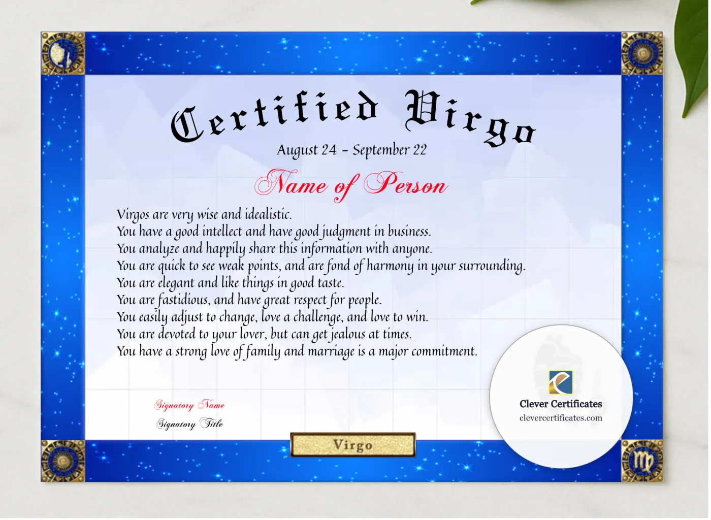Certified Virgo Award presented in a sleek wooden frame, elegantly arranged on a stylish table.
