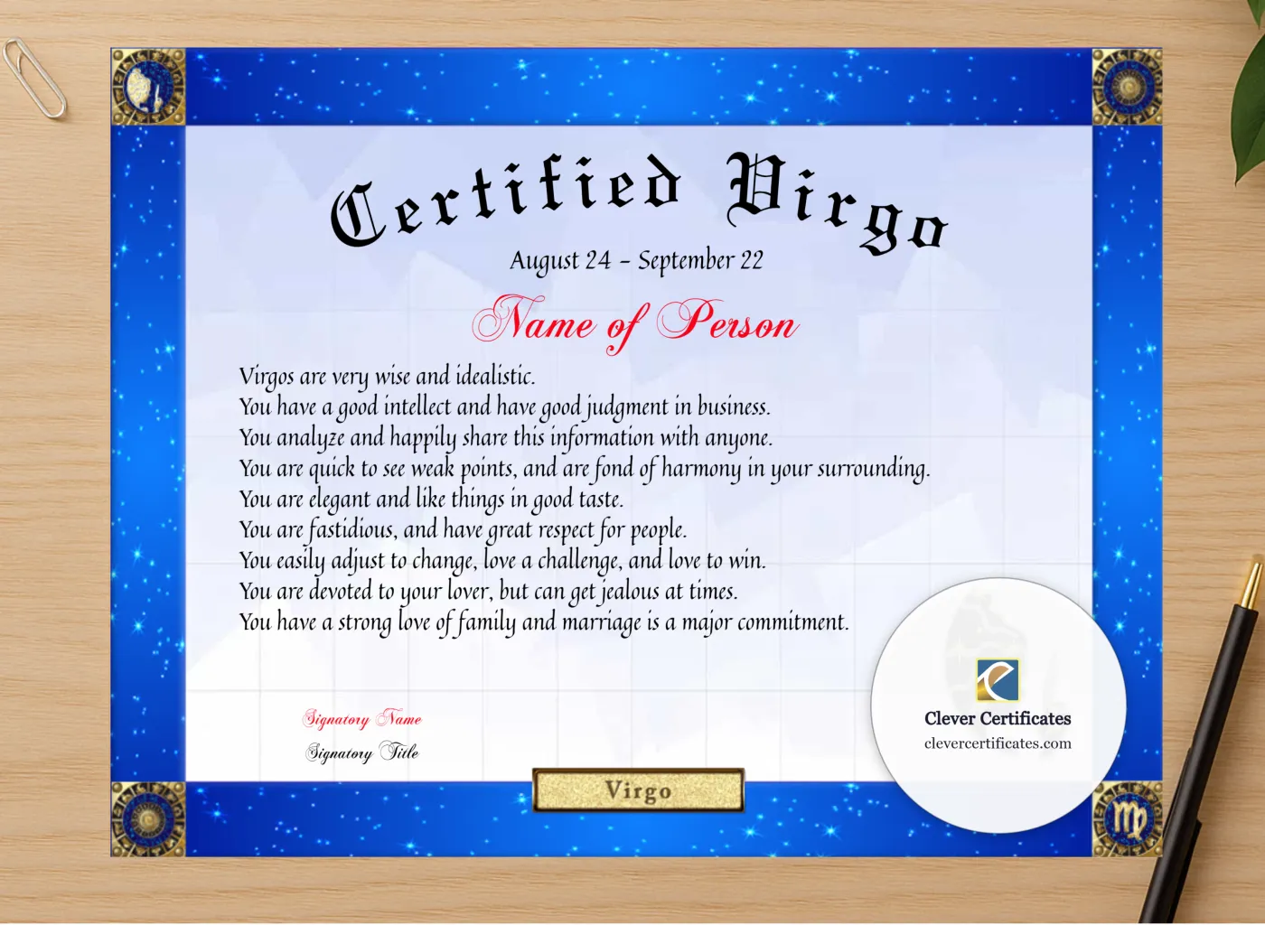 Professional preview of Certified Virgo Award certificate on high-quality stationery paper, ideal for showcasing the final look.