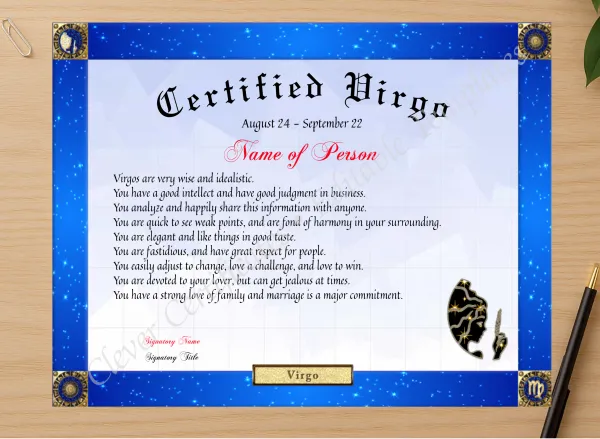 Professional preview of Certified Virgo Award certificate on high-quality stationery paper, ideal for showcasing the final look.