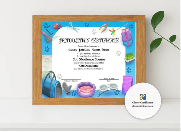 Realistic mockup featuring Cat School Graduation Certificate displayed within a modern frame, set against a minimalistic background.