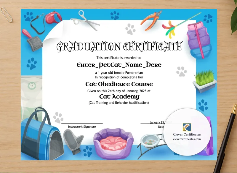 Professional preview of Cat School Graduation Certificate certificate on high-quality stationery paper, ideal for showcasing the final look.