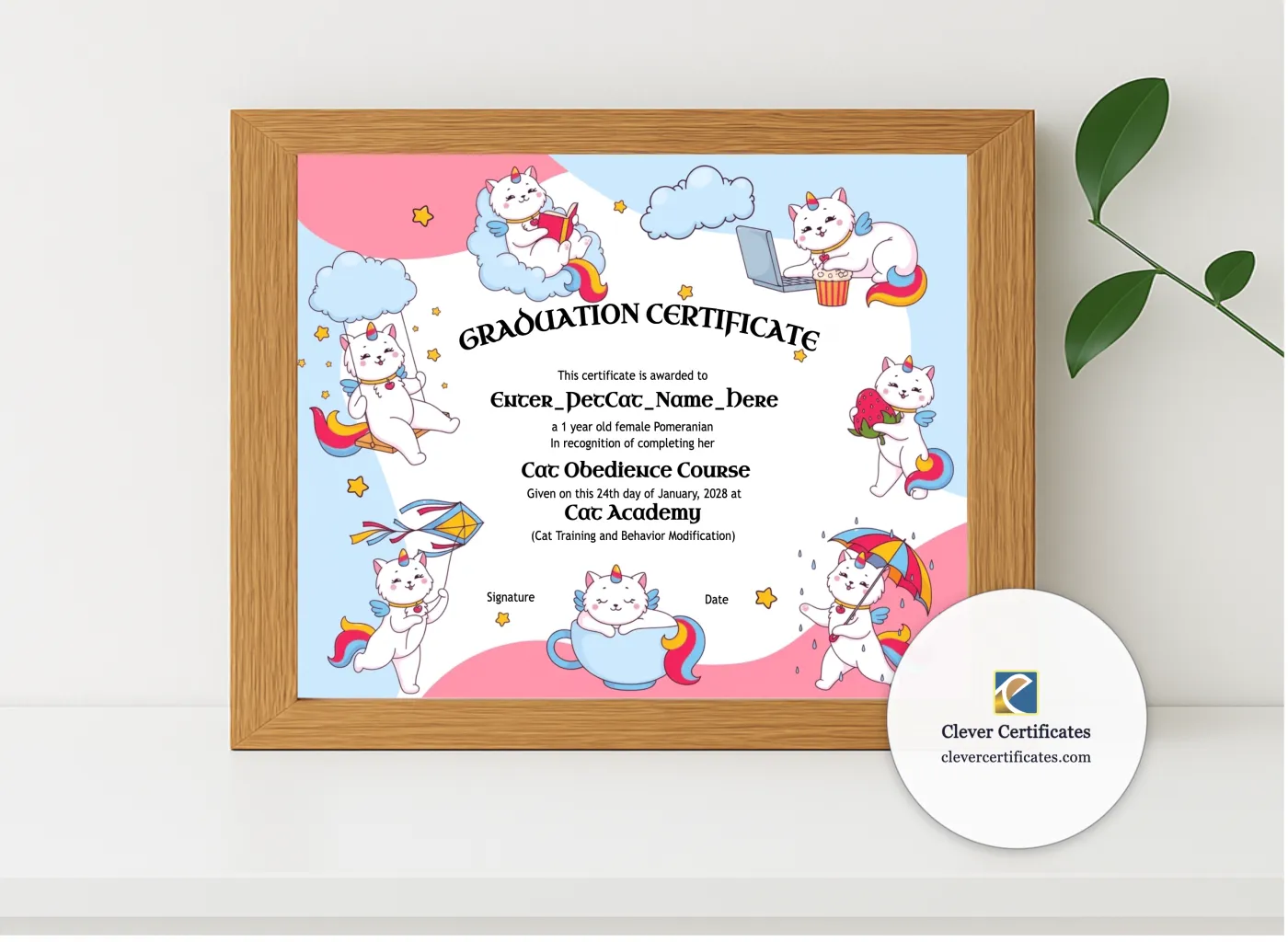 Realistic mockup featuring Kitten School Graduation Certificate displayed within a modern frame, set against a minimalistic background.