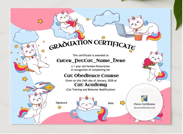 Kitten School Graduation Certificate presented in a sleek wooden frame, elegantly arranged on a stylish table.
