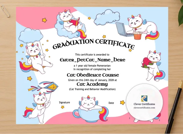 Professional preview of Kitten School Graduation Certificate certificate on high-quality stationery paper, ideal for showcasing the final look.