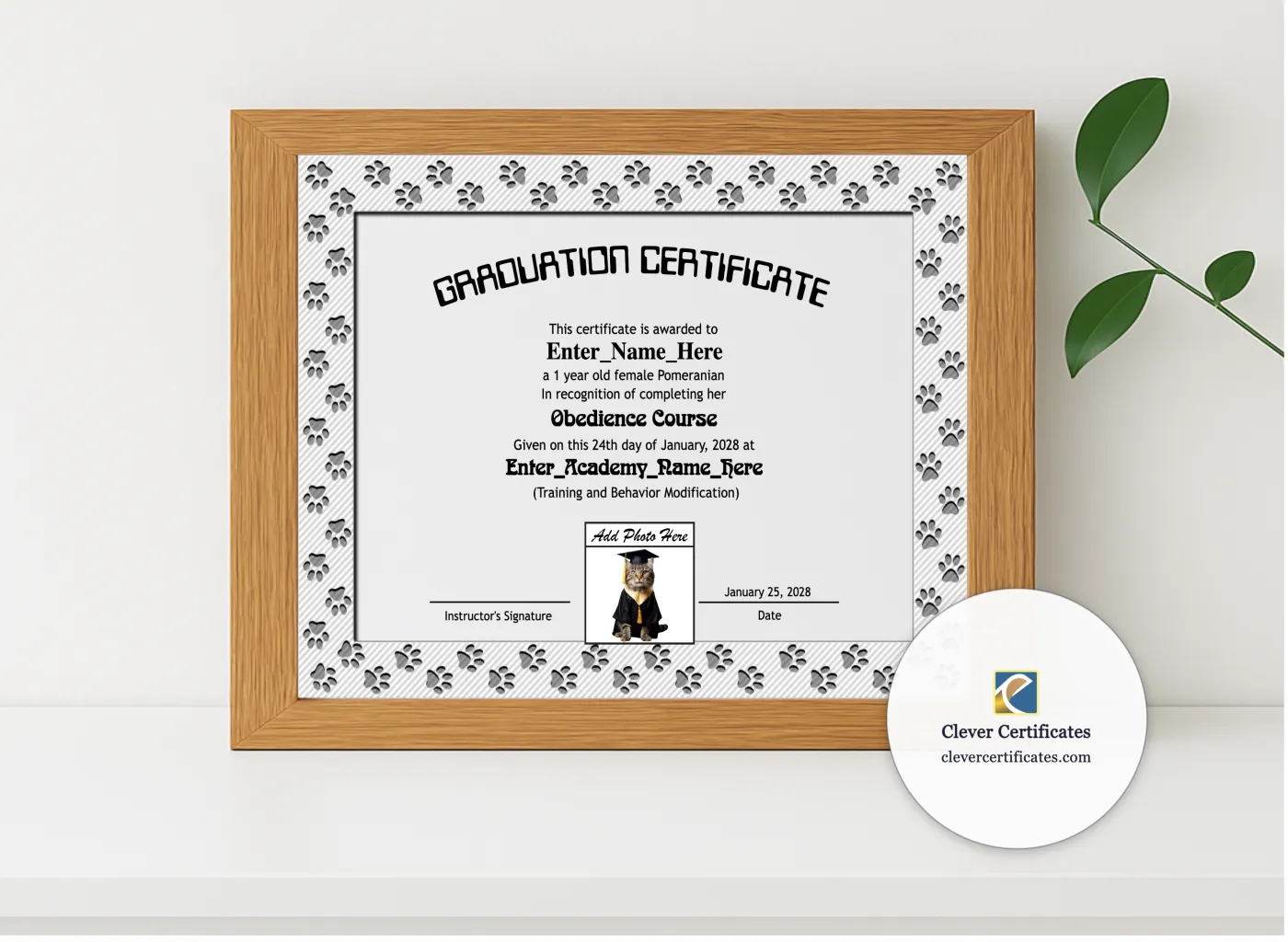 Realistic mockup featuring Paw Some Graduate Certificate displayed within a modern frame, set against a minimalistic background.