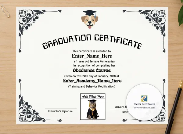 Professional preview of Top Dog Graduate Certificate certificate on high-quality stationery paper, ideal for showcasing the final look.