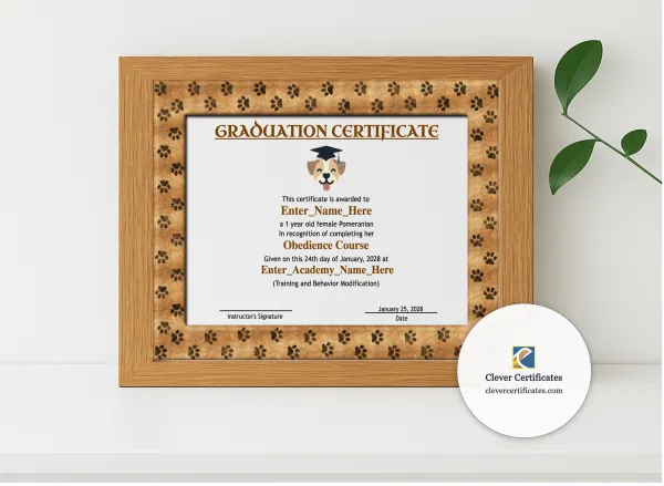 Realistic mockup featuring Best In Class Dog Certificate displayed within a modern frame, set against a minimalistic background.
