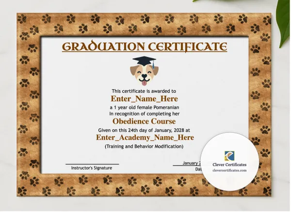 Best In Class Dog Certificate presented in a sleek wooden frame, elegantly arranged on a stylish table.