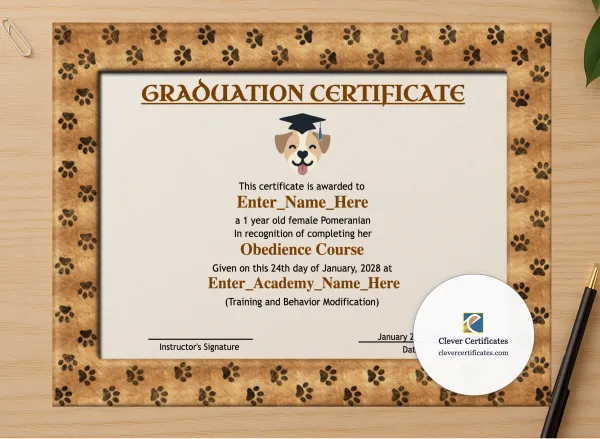 Professional preview of Best In Class Dog Certificate certificate on high-quality stationery paper, ideal for showcasing the final look.