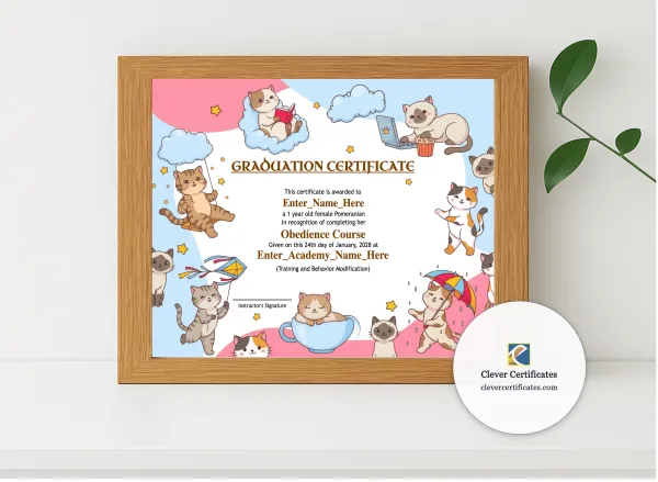 Realistic mockup featuring Best In Class Cat Certificate displayed within a modern frame, set against a minimalistic background.