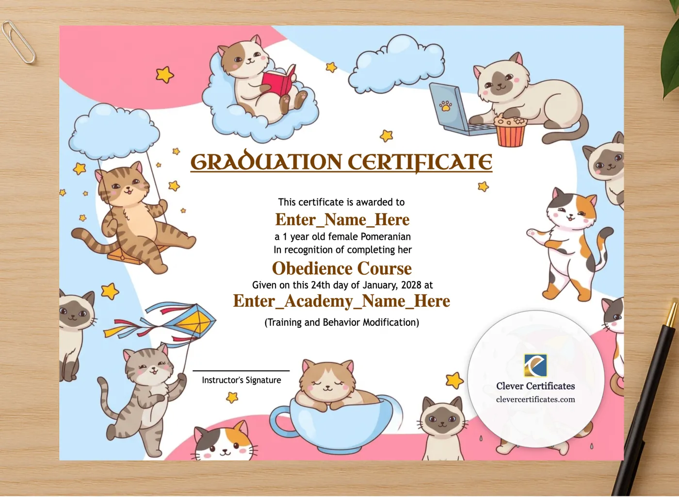 Professional preview of Best In Class Cat Certificate certificate on high-quality stationery paper, ideal for showcasing the final look.