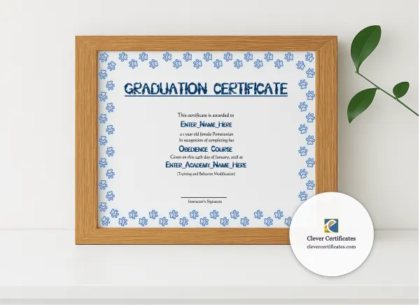 Realistic mockup featuring Honorary Dog Graduate Certificate displayed within a modern frame, set against a minimalistic background.