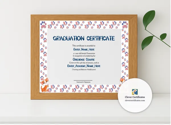 Realistic mockup featuring Honorary Cat Graduate Certificate displayed within a modern frame, set against a minimalistic background.