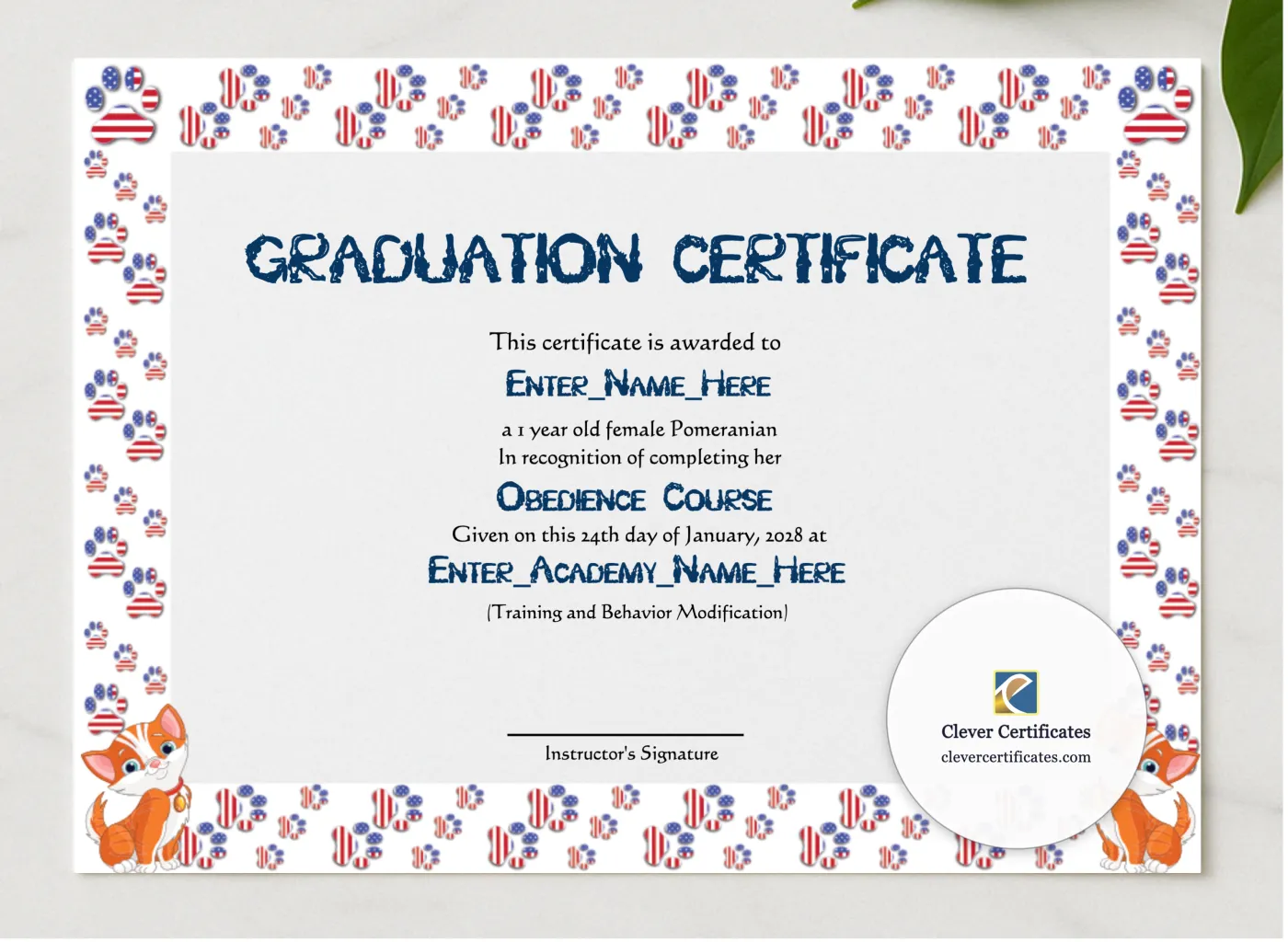 Honorary Cat Graduate Certificate presented in a sleek wooden frame, elegantly arranged on a stylish table.