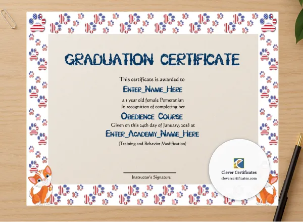 Professional preview of Honorary Cat Graduate Certificate certificate on high-quality stationery paper, ideal for showcasing the final look.