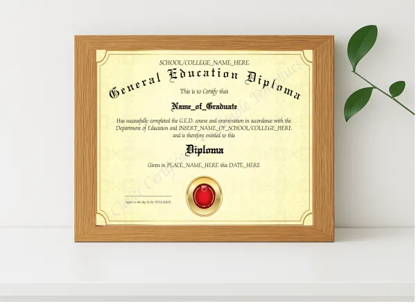 Realistic mockup featuring General Education Diploma 2 displayed within a modern frame, set against a minimalistic background.