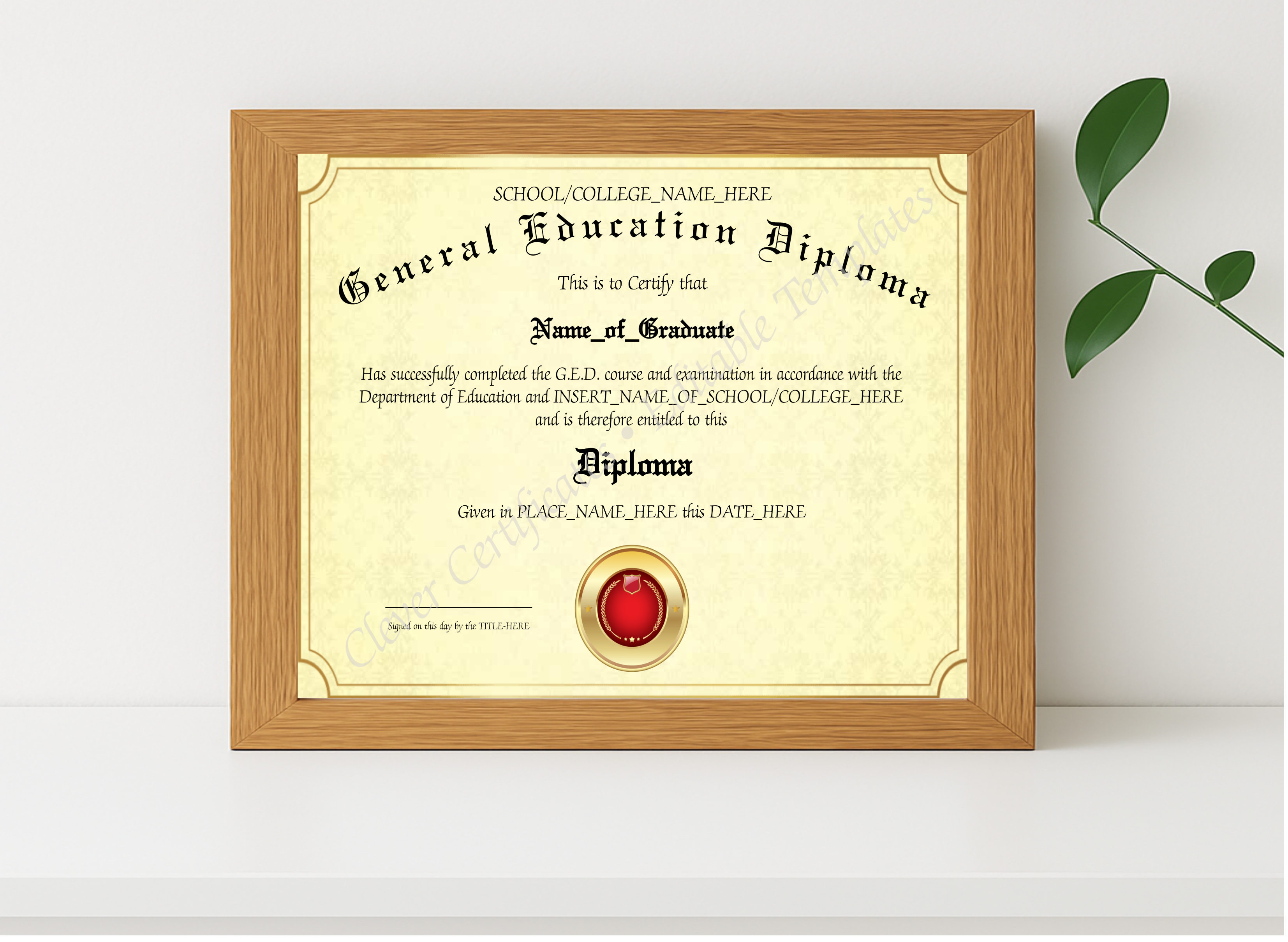 Realistic mockup featuring General Education Diploma 2 displayed within a modern frame, set against a minimalistic background.