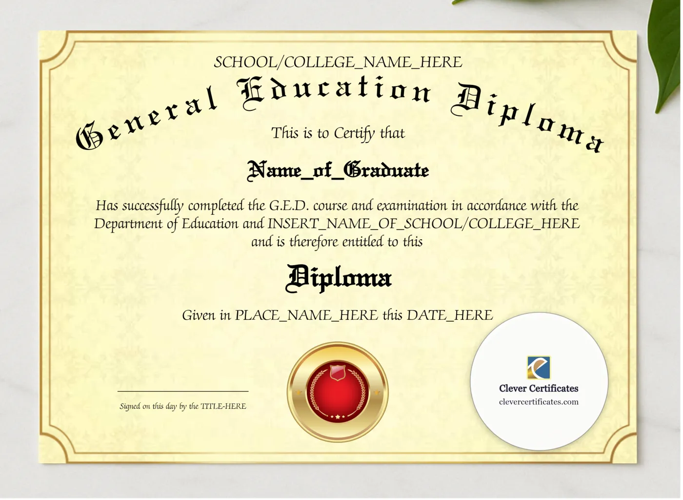 General Education Diploma 2 presented in a sleek wooden frame, elegantly arranged on a stylish table.