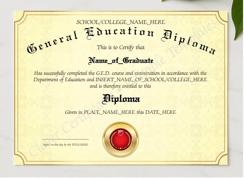 General Education Diploma 2 presented in a sleek wooden frame, elegantly arranged on a stylish table.