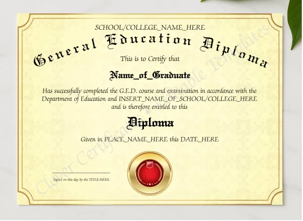 General Education Diploma 2 presented in a sleek wooden frame, elegantly arranged on a stylish table.