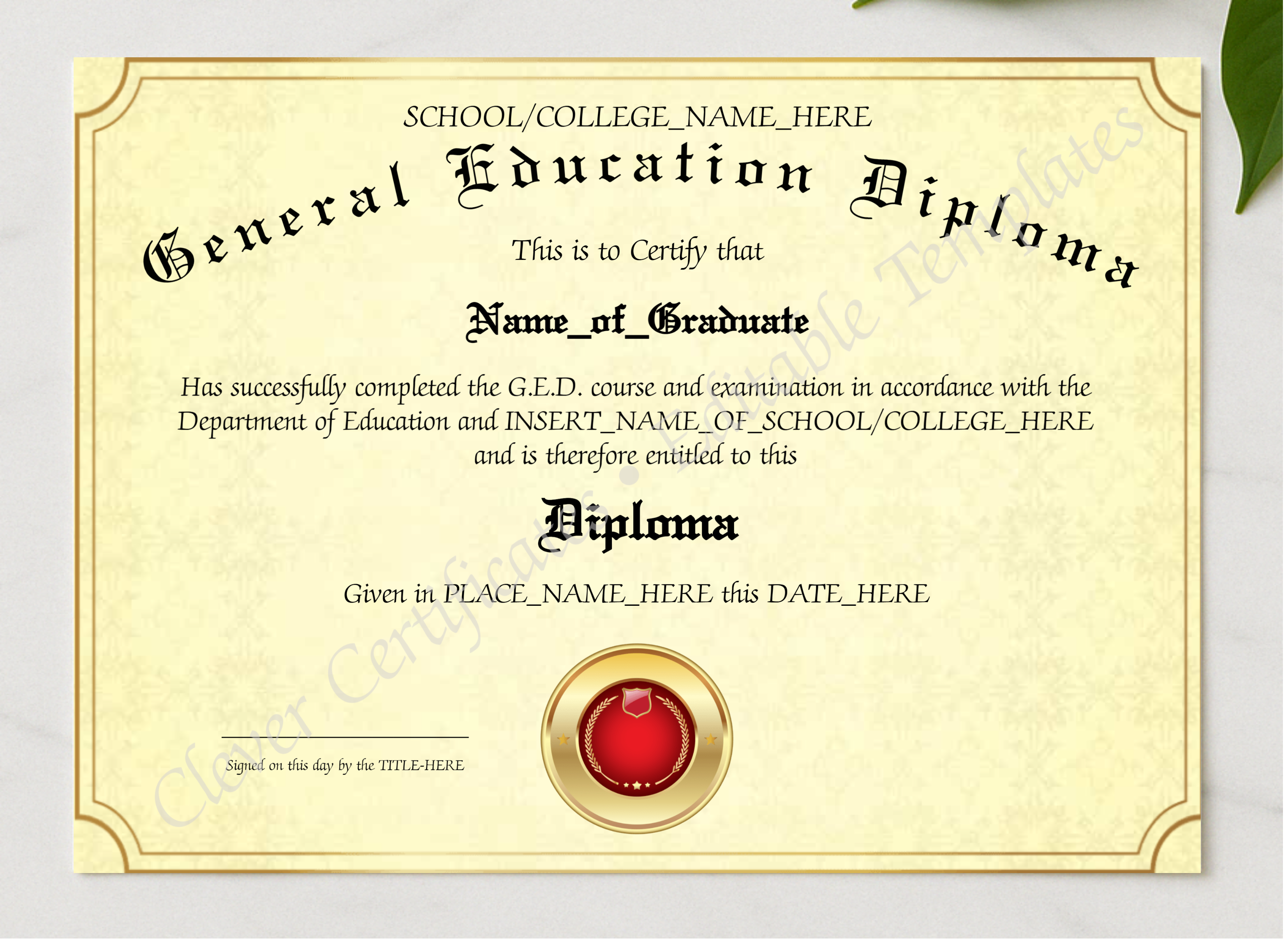 General Education Diploma 2 presented in a sleek wooden frame, elegantly arranged on a stylish table.