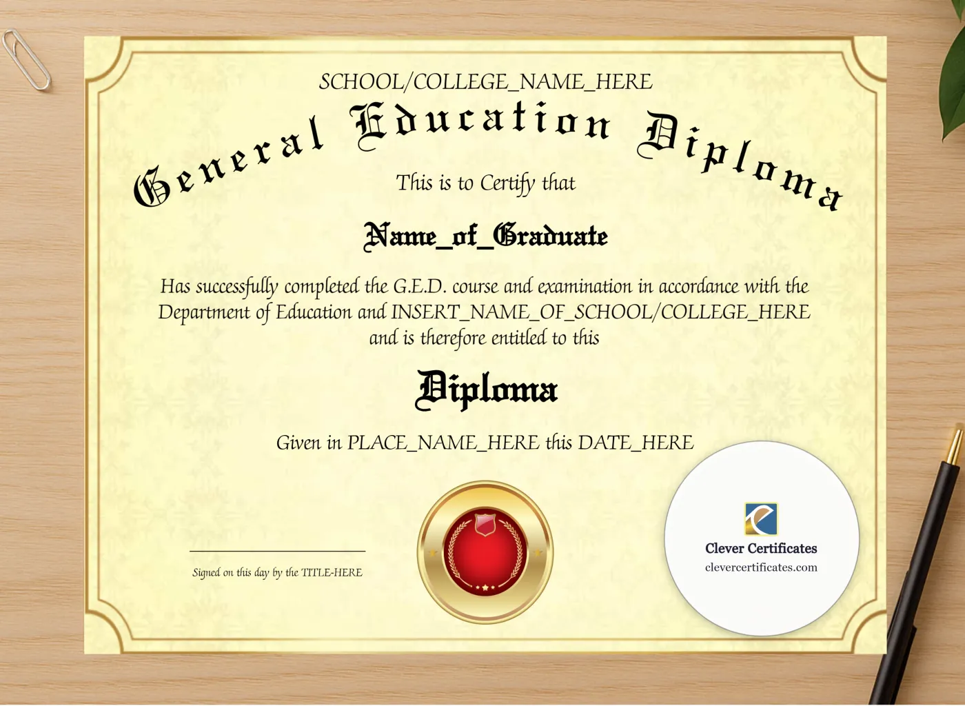 Professional preview of General Education Diploma 2 certificate on high-quality stationery paper, ideal for showcasing the final look.