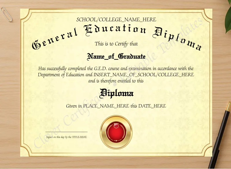 Professional preview of General Education Diploma 2 certificate on high-quality stationery paper, ideal for showcasing the final look.