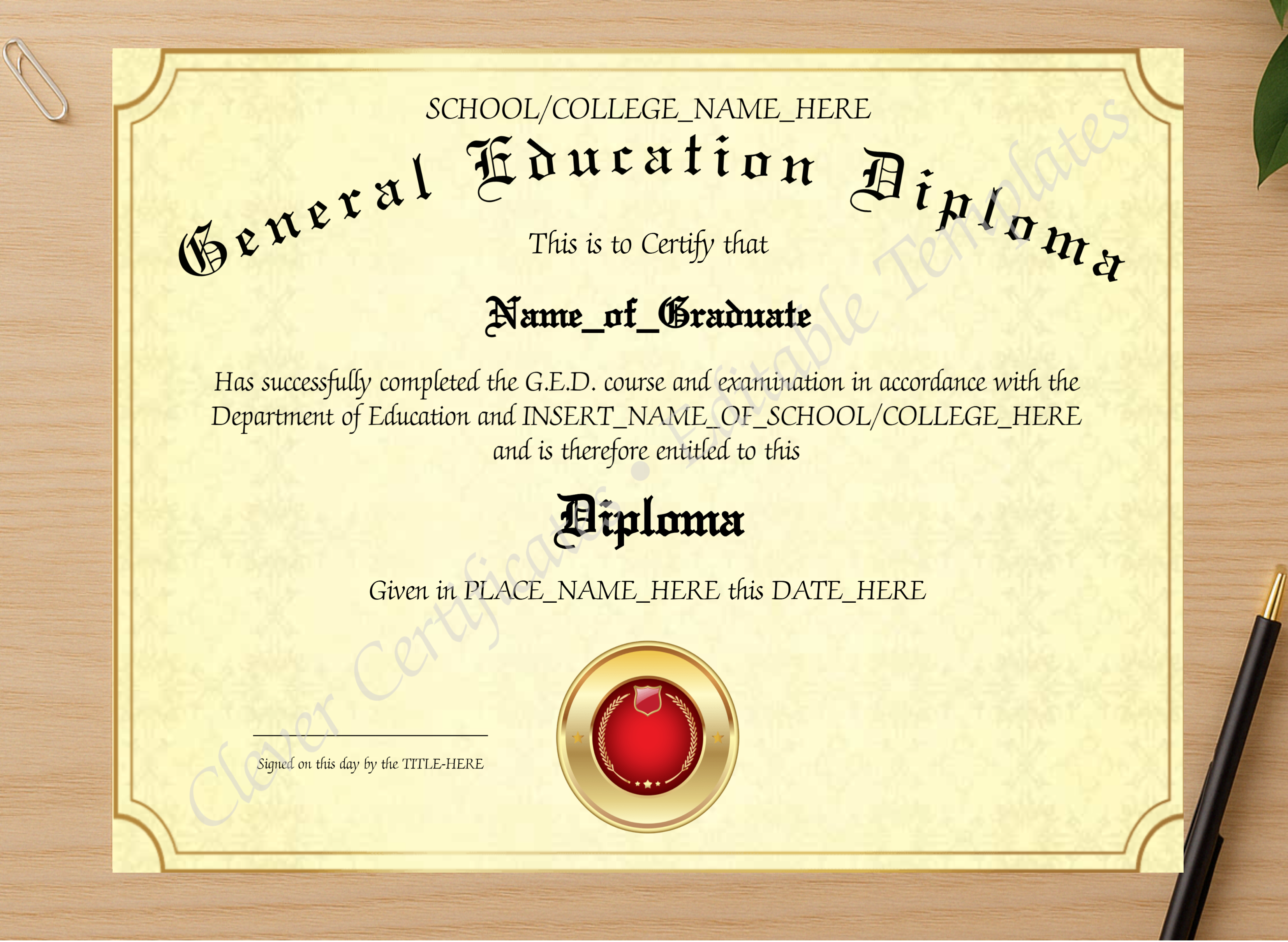 Professional preview of General Education Diploma 2 certificate on high-quality stationery paper, ideal for showcasing the final look.