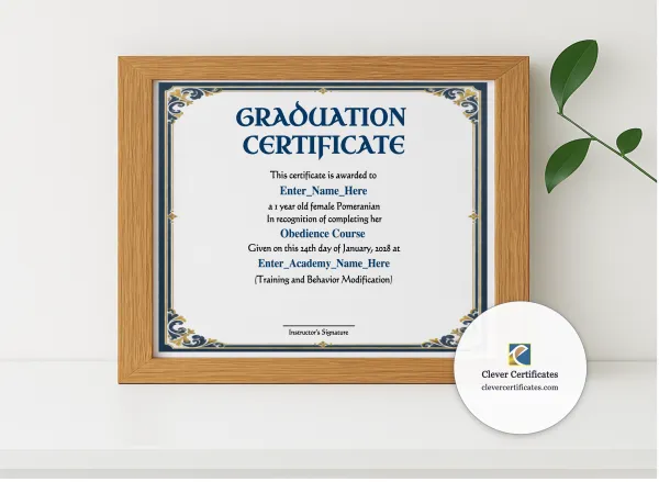 Realistic mockup featuring Master Of Treats Certificate displayed within a modern frame, set against a minimalistic background.