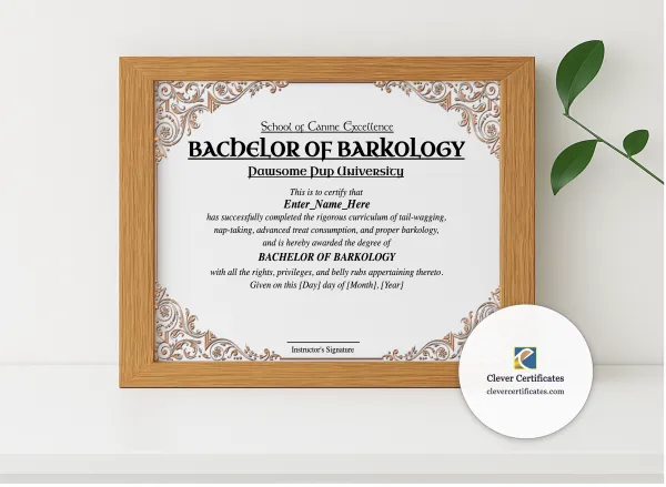 Realistic mockup featuring Bachelor Of Barkology Certificate displayed within a modern frame, set against a minimalistic background.
