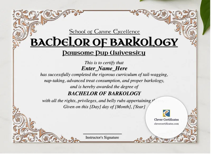 Bachelor Of Barkology Certificate presented in a sleek wooden frame, elegantly arranged on a stylish table.