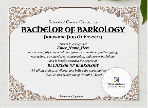 Bachelor Of Barkology Certificate presented in a sleek wooden frame, elegantly arranged on a stylish table.