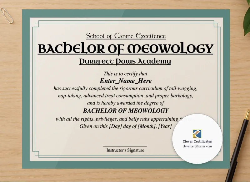 Professional preview of Bachelor Of Meowology Certificate certificate on high-quality stationery paper, ideal for showcasing the final look.