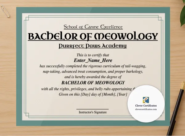 Professional preview of Bachelor Of Meowology Certificate certificate on high-quality stationery paper, ideal for showcasing the final look.