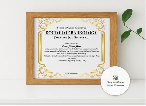 Realistic mockup featuring Doctor Of Barkology Certificate displayed within a modern frame, set against a minimalistic background.