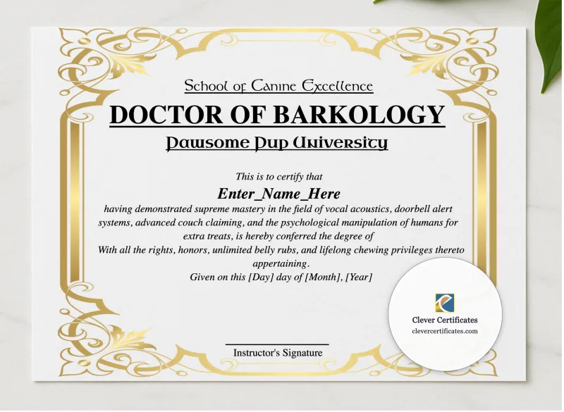 Doctor Of Barkology Certificate presented in a sleek wooden frame, elegantly arranged on a stylish table.