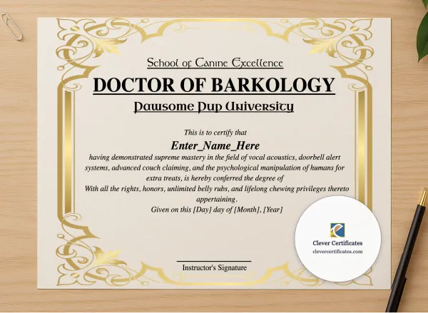 Professional preview of Doctor Of Barkology Certificate certificate on high-quality stationery paper, ideal for showcasing the final look.