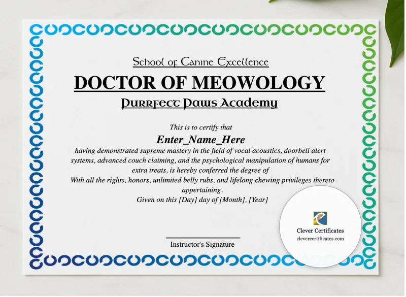 Doctor Of Meowology Certificate presented in a sleek wooden frame, elegantly arranged on a stylish table.
