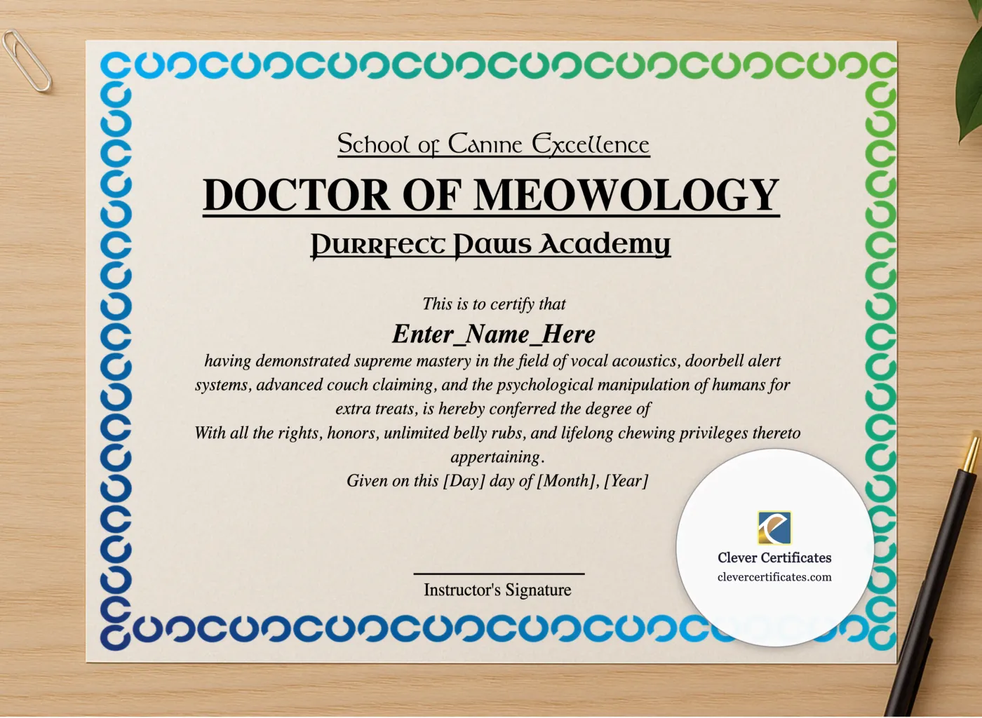 Professional preview of Doctor Of Meowology Certificate certificate on high-quality stationery paper, ideal for showcasing the final look.