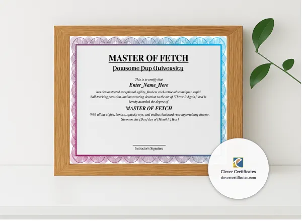 Realistic mockup featuring Master Of Fetch Certificate displayed within a modern frame, set against a minimalistic background.