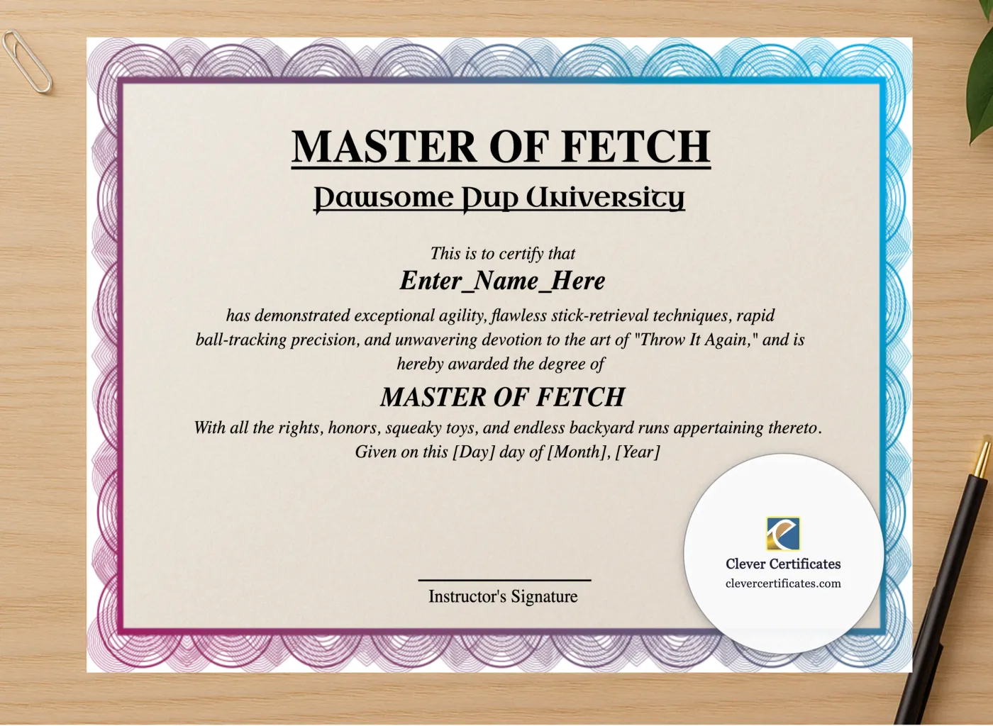 Professional preview of Master Of Fetch Certificate certificate on high-quality stationery paper, ideal for showcasing the final look.